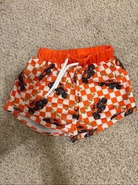 Kids Orange Checkered Monster Truck Shorts. El Toro Loco shortie swim shorts. 3t